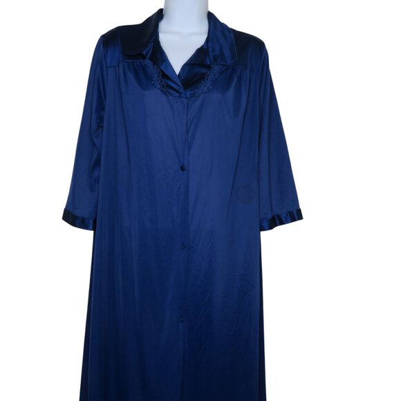 Vanity Fair Womens Navy Blue Button-Down Nightgown Robe M Nylon Embroidered - Picture 10 of 12